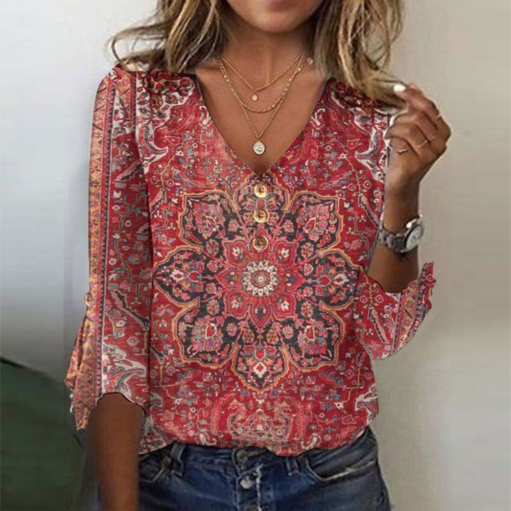 Amira™ | Floral V-Neck Button-Down Blouse