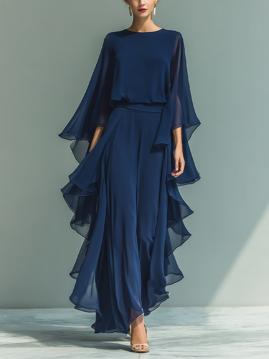 Marineblauwe Chiffon Set Ruffles