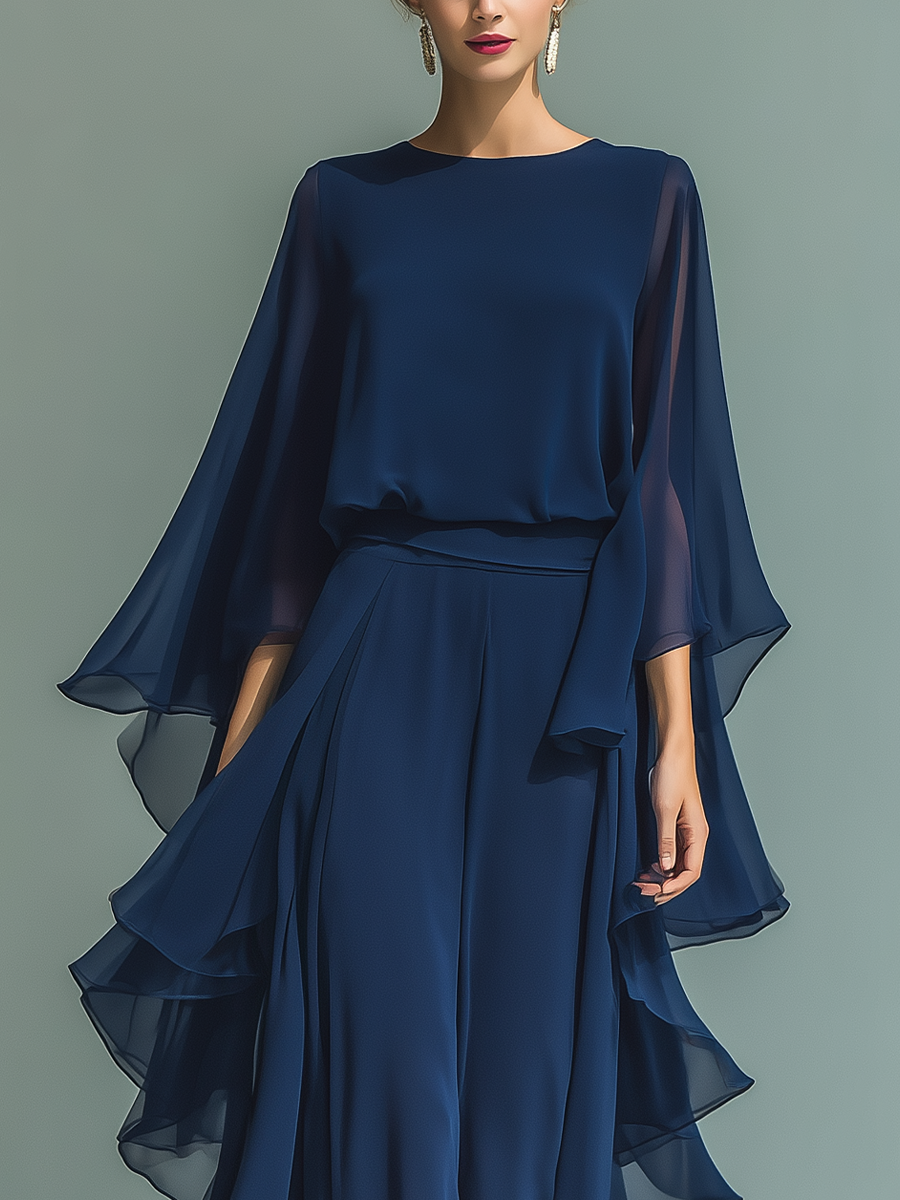Marineblauwe Chiffon Set Ruffles