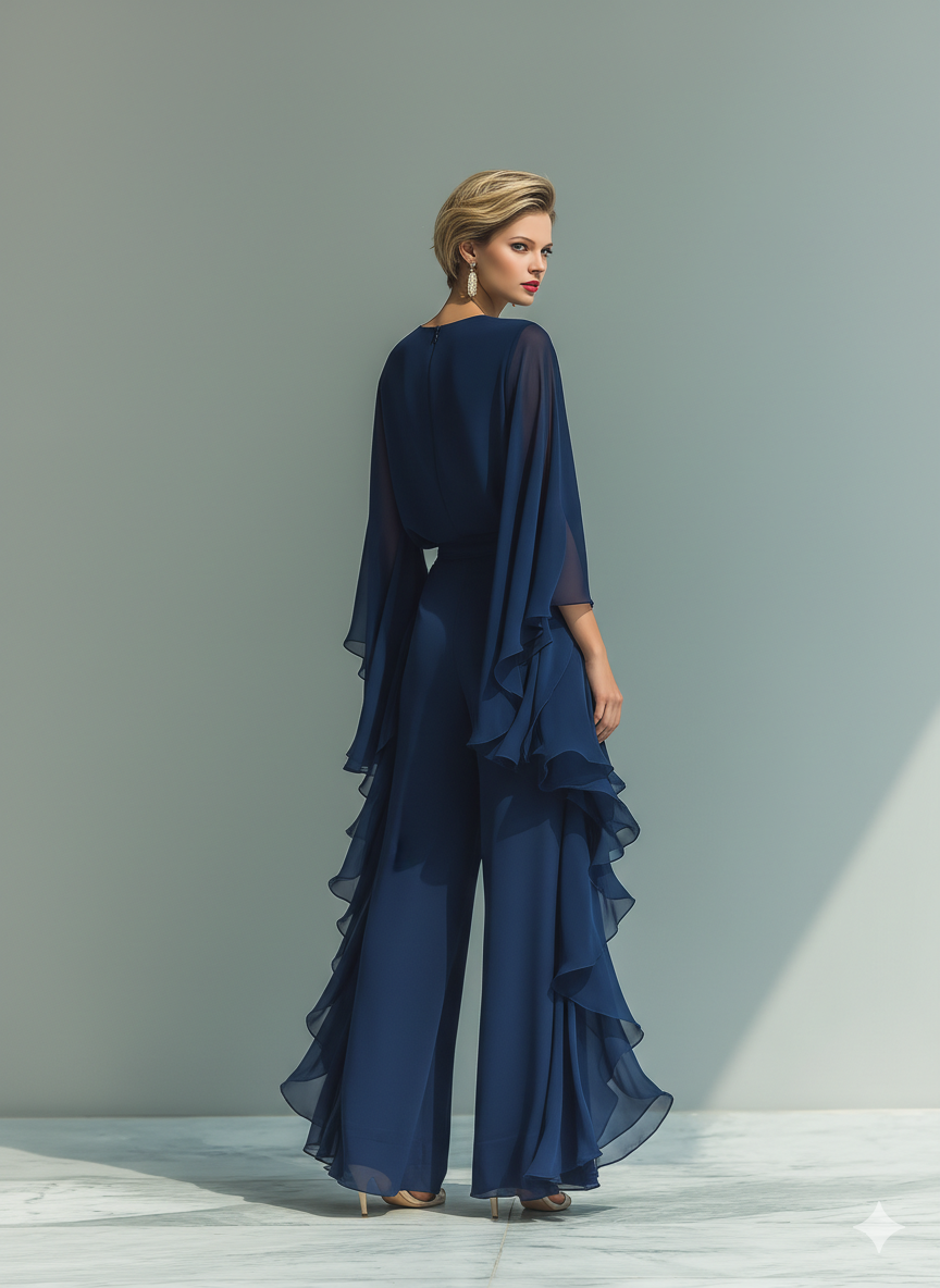 Marineblauwe Chiffon Set Ruffles