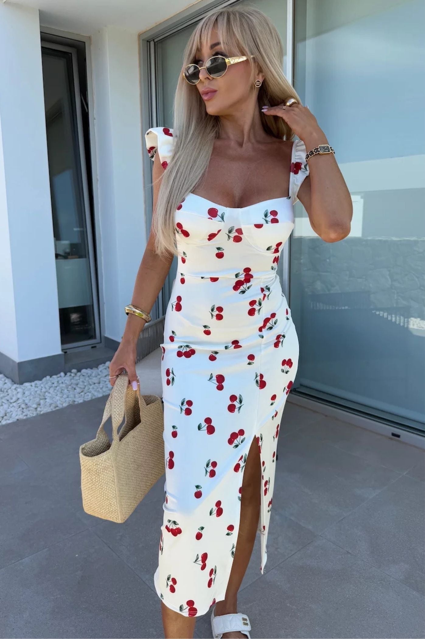 Sara™ | Women’s Sleeveless Midi Dress with Side Slit and Ruched Waist