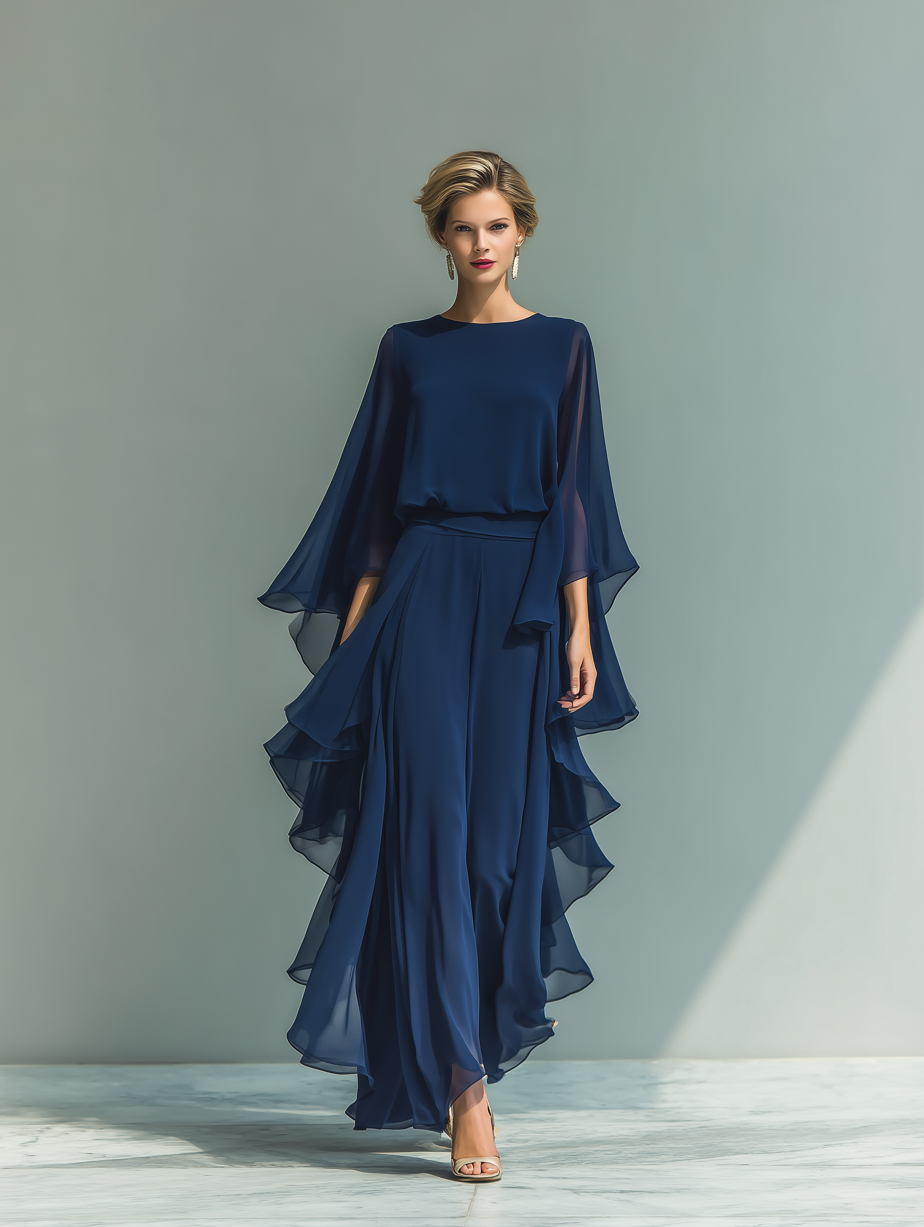 Marineblauwe Chiffon Set Ruffles