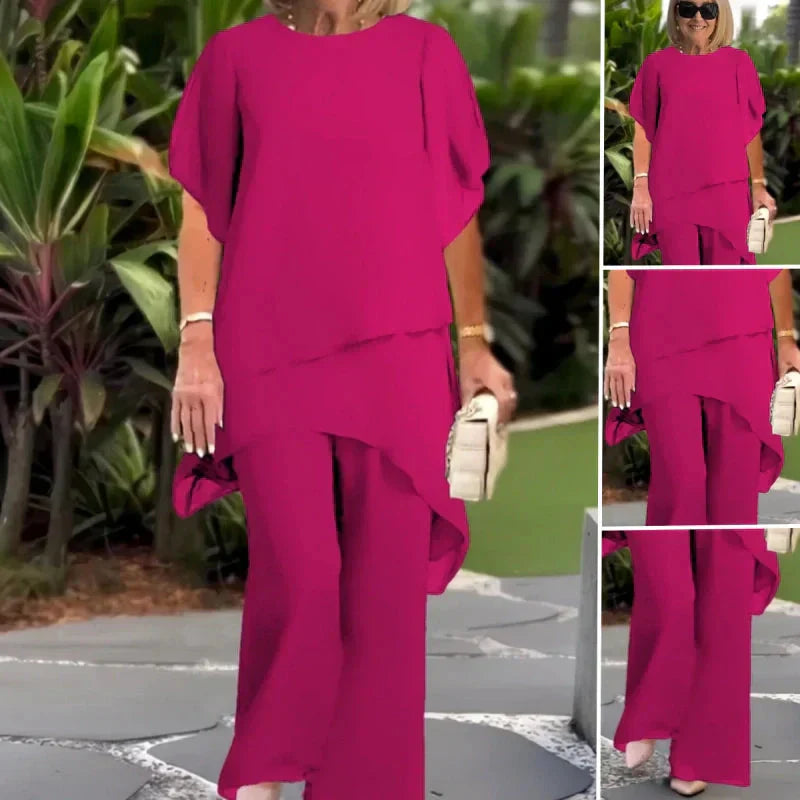 Dames Tweedelige Outfit: Elegante Asymmetrische Top met Brede Pijpen Broek