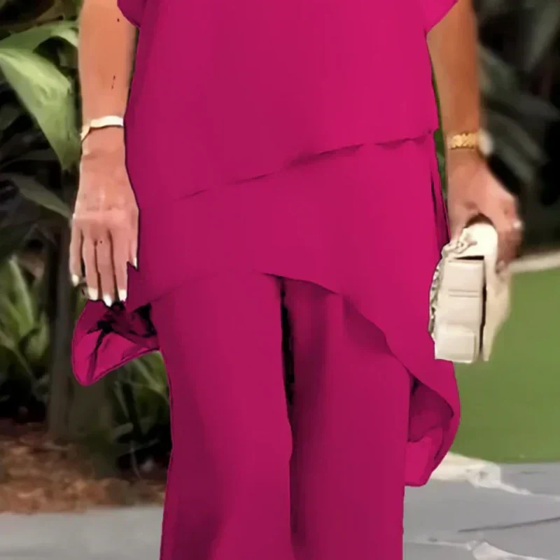 Dames Tweedelige Outfit: Elegante Asymmetrische Top met Brede Pijpen Broek