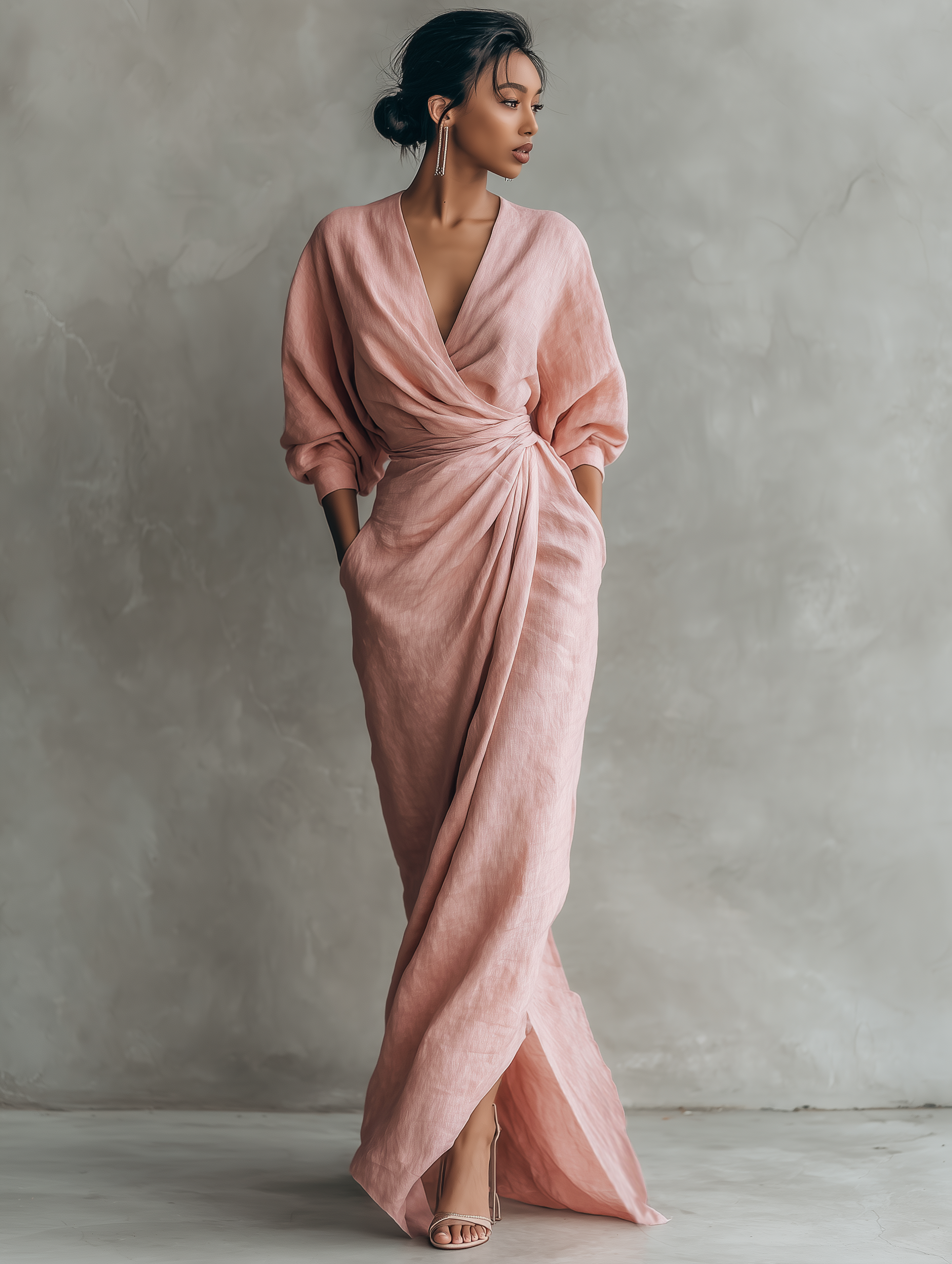 Rosa Linnen Maxi Jurk V-Hals