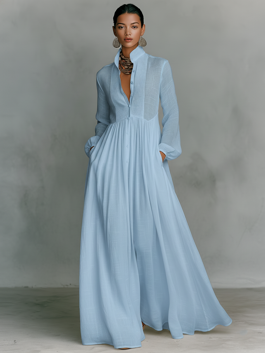 Patchwork Linnen Maxi Jurk Met Staande Kraag