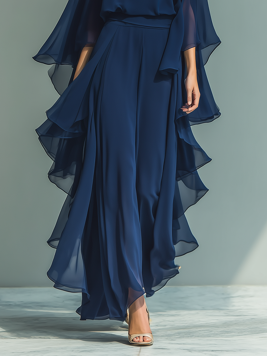 Marineblauwe Chiffon Set Ruffles