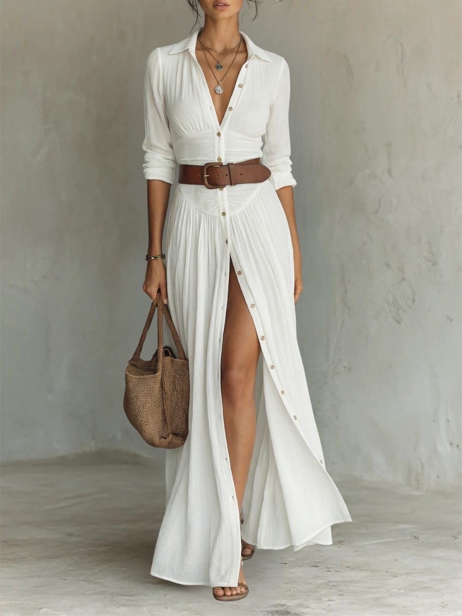 Witte Linnen Vouwen Maxi Jurk