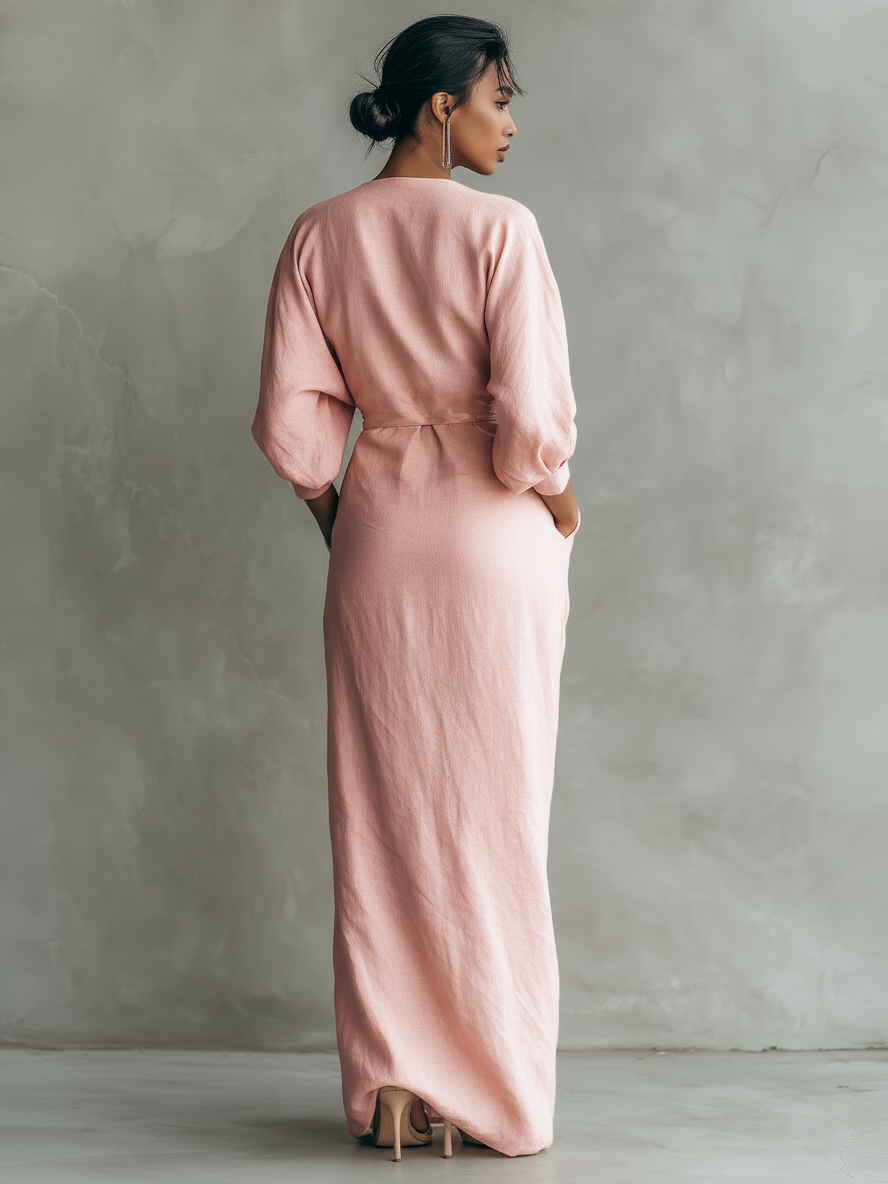 Rosa Linnen Maxi Jurk V-Hals