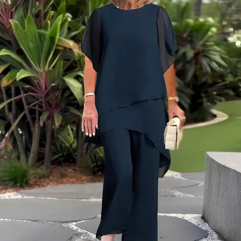 Dames Tweedelige Outfit: Elegante Asymmetrische Top met Brede Pijpen Broek