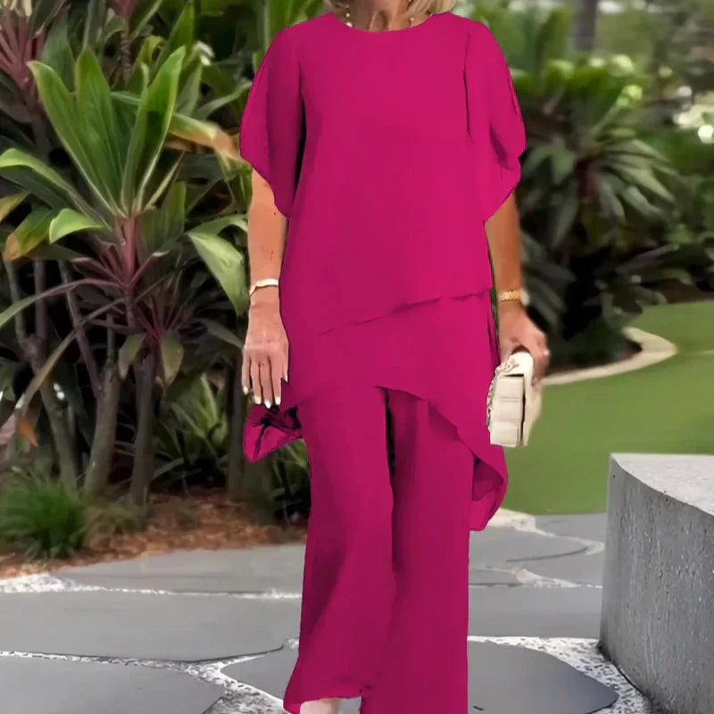 Dames Tweedelige Outfit: Elegante Asymmetrische Top met Brede Pijpen Broek