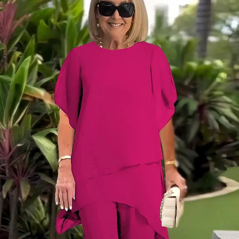 Dames Tweedelige Outfit: Elegante Asymmetrische Top met Brede Pijpen Broek