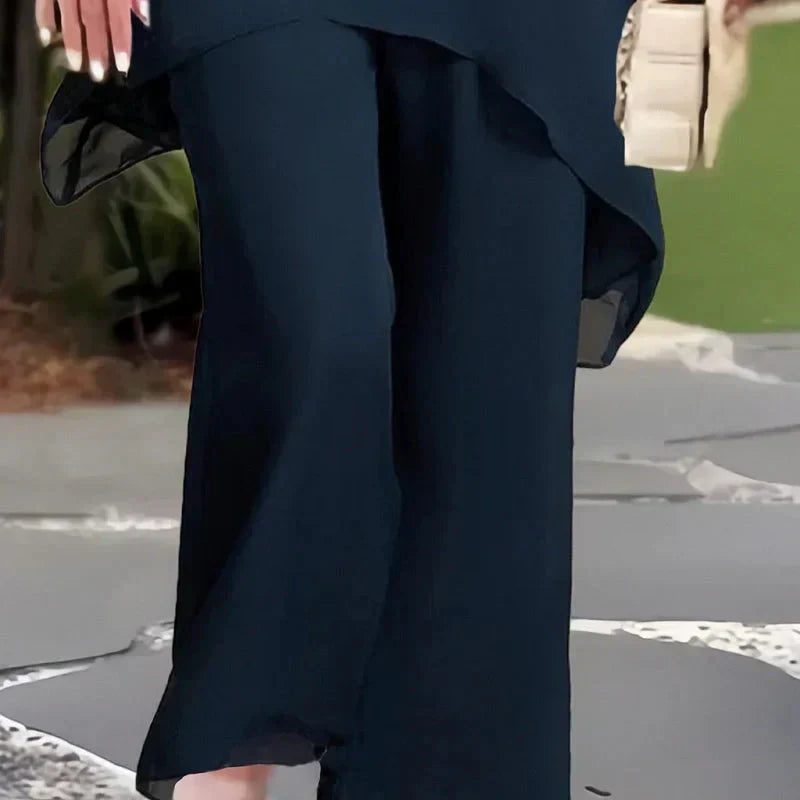 Dames Tweedelige Outfit: Elegante Asymmetrische Top met Brede Pijpen Broek